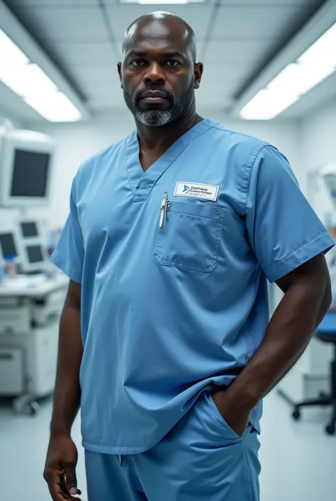 Photo of a tall dark-skinned man dressed in a doctor&#39;s uniform in a back surgery room 