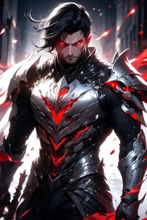 A man in silver armor, black hair and red eyes