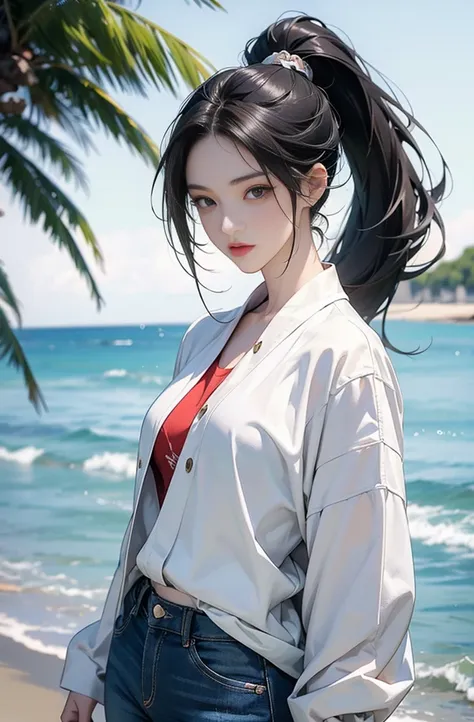 woman with long black hair ponytail, Anime drawing by Yang J, pixiv, serial art, anime style 4 k, anime style. 8K, Gwaites style artwork, Realistic anime 3d style, anime style illustration, high quality anime art style, digital anime illustration, realisti...