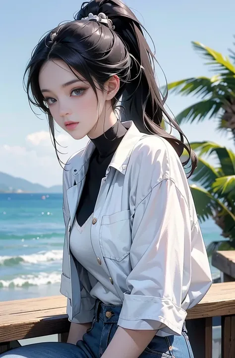 woman with long black hair ponytail, Anime drawing by Yang J, pixiv, serial art, anime style 4 k, anime style. 8K, Gwaites style artwork, Realistic anime 3d style, anime style illustration, high quality anime art style, digital anime illustration, realisti...