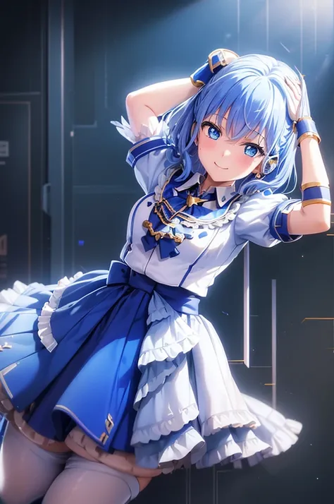 mecha wings、White and blue skirt、Thighs、tights、chest、Colored Hair、1 girl、solo girl、IS、Frame Arms Girl、Alice Gere Aegis、blue armor、income、headphone、hand on own chest、smile、idol woman、idol dress