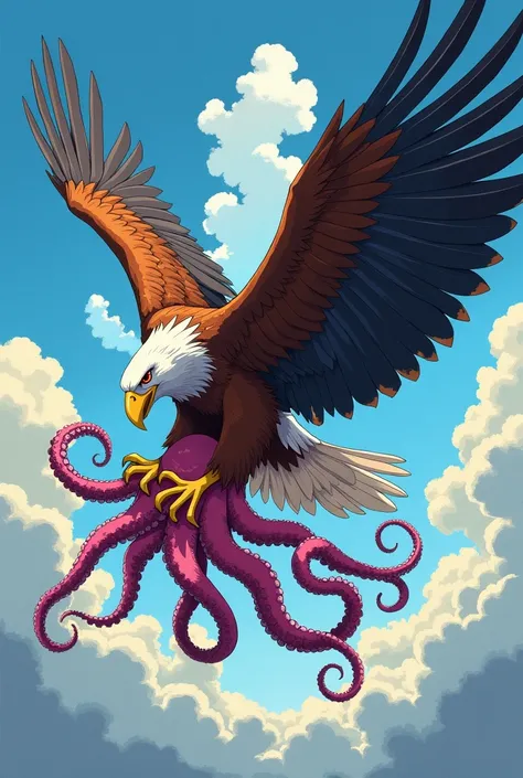 Eagle holding octopus with claws anime style



