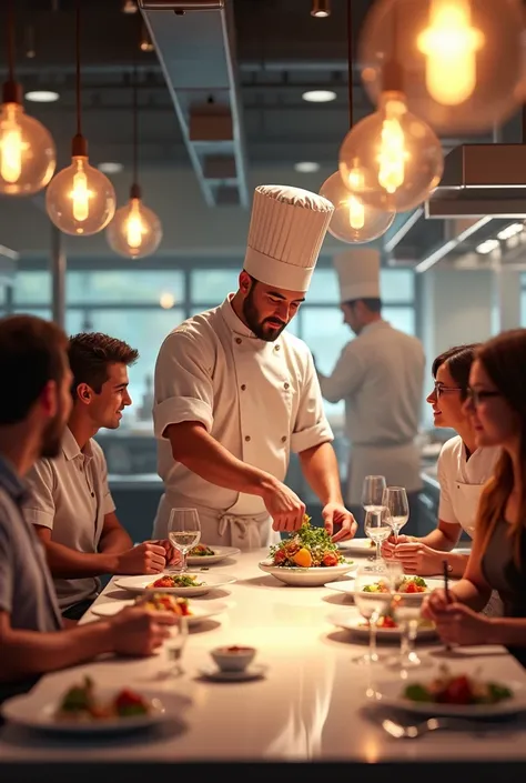 create a kitchen with a chef making food and in front of him a counter with customers eating 
