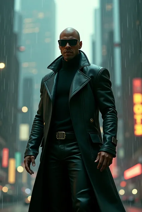 David Goggins in a futuristic Matrix-inspired setting, wearing a black leather trench coat and sunglasses, with a digital rain background and a cityscape filled with neon lights and towering skyscrapers."



