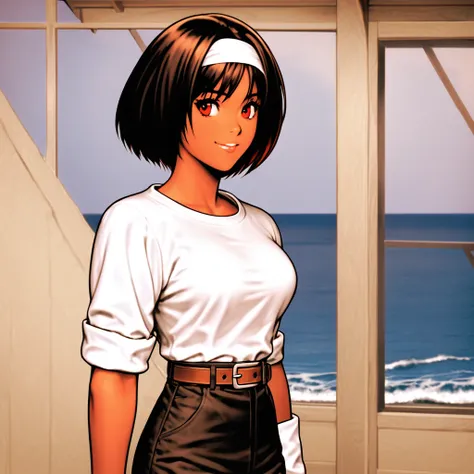 Frivolous,single,woman,short hair,Black Hair,Dark Skin, ((White headband)),Red eyes,（Black jacket with rolled up sleeves),Fingerless gloves,White T-shirt,Black pants,White shoes,Brown belt,cute,Indoor person,Frivolous,You can see the ocean,Slightly large b...