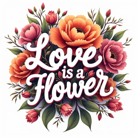 Typography Poster design, text "Love is blooming flower", a blooming flower, masterpiece, best quality, ultra-detailed, intricate, vivid colors