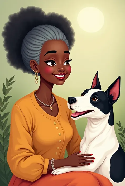 The image shows an elderly black woman with a voluminous afro and a warm smile on her face.. She looks up gently at the dog beside her., a Bull Terrier with white fur and dark spots. The lady is elegantly dressed and seems to convey a sense of serenity and...