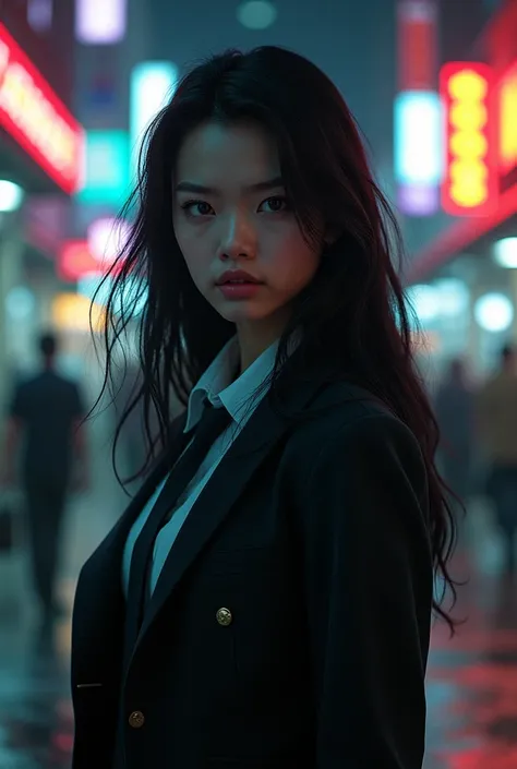 A YOUNG ASIAN ARMED DETECTIVE WITH LONG HAIR
