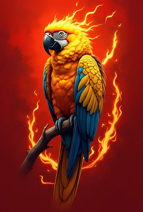 Make a red team shirt with gold flame-like details,and add a golden macaw as a design on the shirt as well 