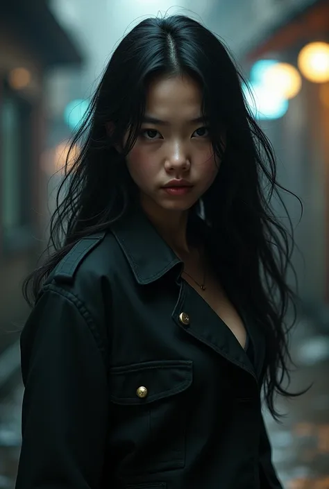 A YOUNG ASIAN ARMED DETECTIVE WITH LONG HAIR, EMPOWERED AND DISGUISED 
