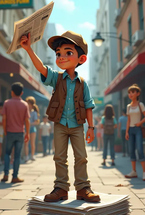 A slightly muscular teenage boy with a flat cap, a light blue button down shirt with the sleeves rolled up, a brown vest, khakis, and jazz shoes, the boy is on a busy sidewalk standing on a stack of newspapers, he is holding a newspaper in the air as if tr...