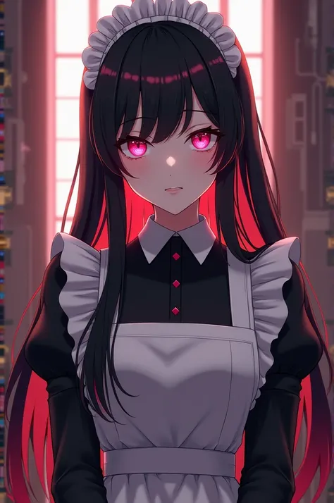 anime styling,adult, Bblack hair,red tips, pink eyes, maid outfit, with a bored look,Estilo de Ellen De Zeneless Zone Zero, Without any accessories in her hair,with hands on waist