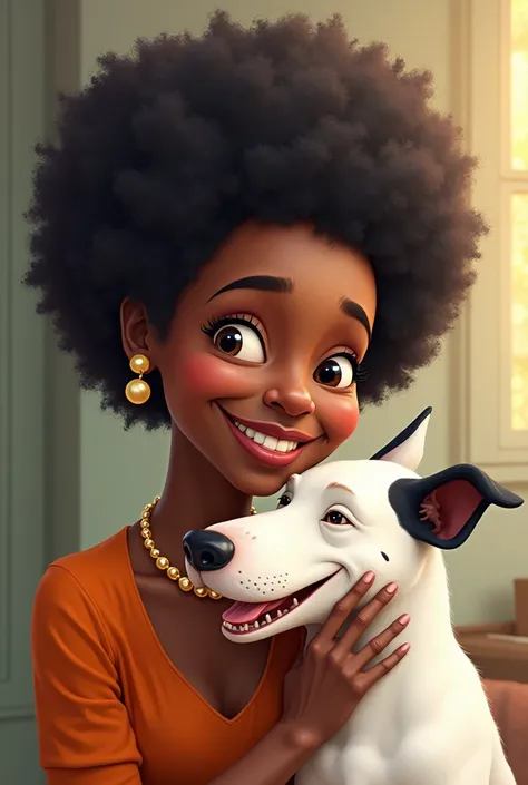 The image shows an elderly black woman with a thick afro and a warm smile on her face.. She looks up gently at the dog beside her., a Bull Terrier with white fur and dark spots. The lady is elegantly dressed and seems to convey a sense of serenity and conf...