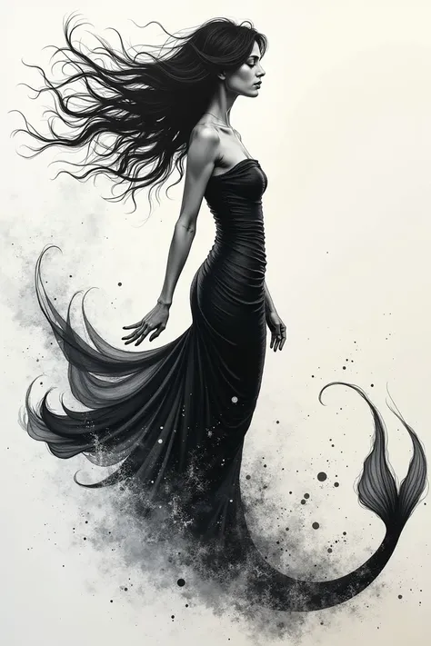 (Best quality,ultra detailed,realistic,ink drawing:1.2),hair fluttering in the wind,woman,((Ashley Wood Style)),female figure,expressive eyes,soft flowing dress,graceful pose,Fine shading,spectacular composition,dynamic lines,bright ink strokes,contrast of...