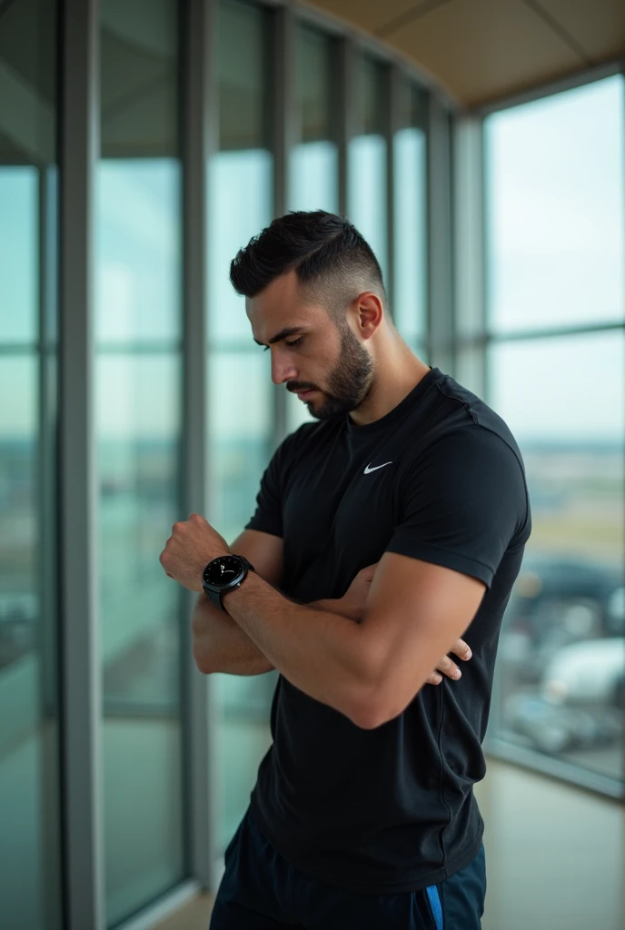 ATHLETE LOOKING AT THE TIME ON HIS WATCH AT AN AIRPORT