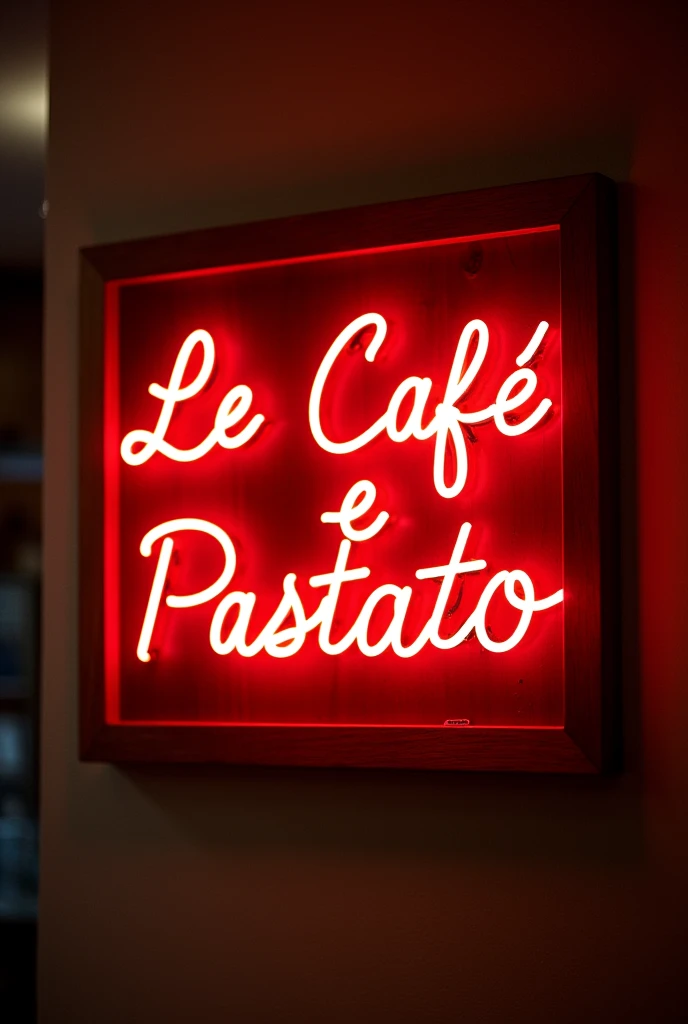 Write the phrase &#39;Le Café e Pastato&#39; in red neon, with stylish and neat handwriting, on a wooden plate
