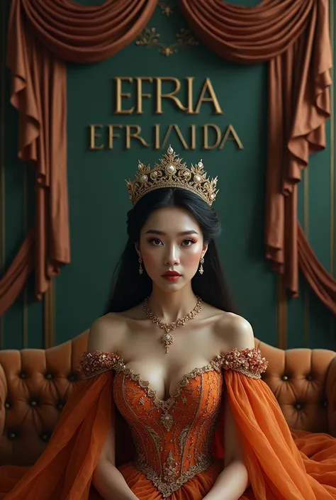 from a far corner 2k image of a beautiful woman wearing a crown dress and sitting on a sofa with a ribbon background on the wall with the name EFRIA EFRINDA written on it