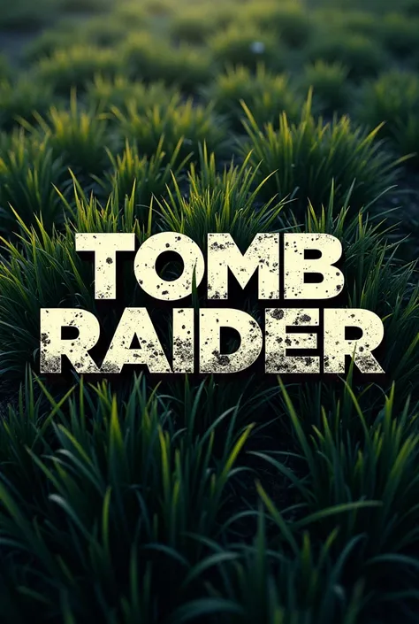 Typography Poster design, text "Tomb Raider", Tomb Raider style, adventure game poster theme, grass, masterpiece, best quality, ultra-detailed, intricate, vivid colors