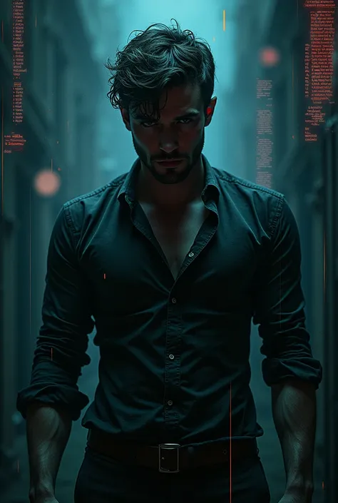 Dark vibe book cover, man any part like hands/torso in shirt etc shown sexili not exposed, dark aesthetic, glitchy or static, not clear face/ no face shown that is neck to down