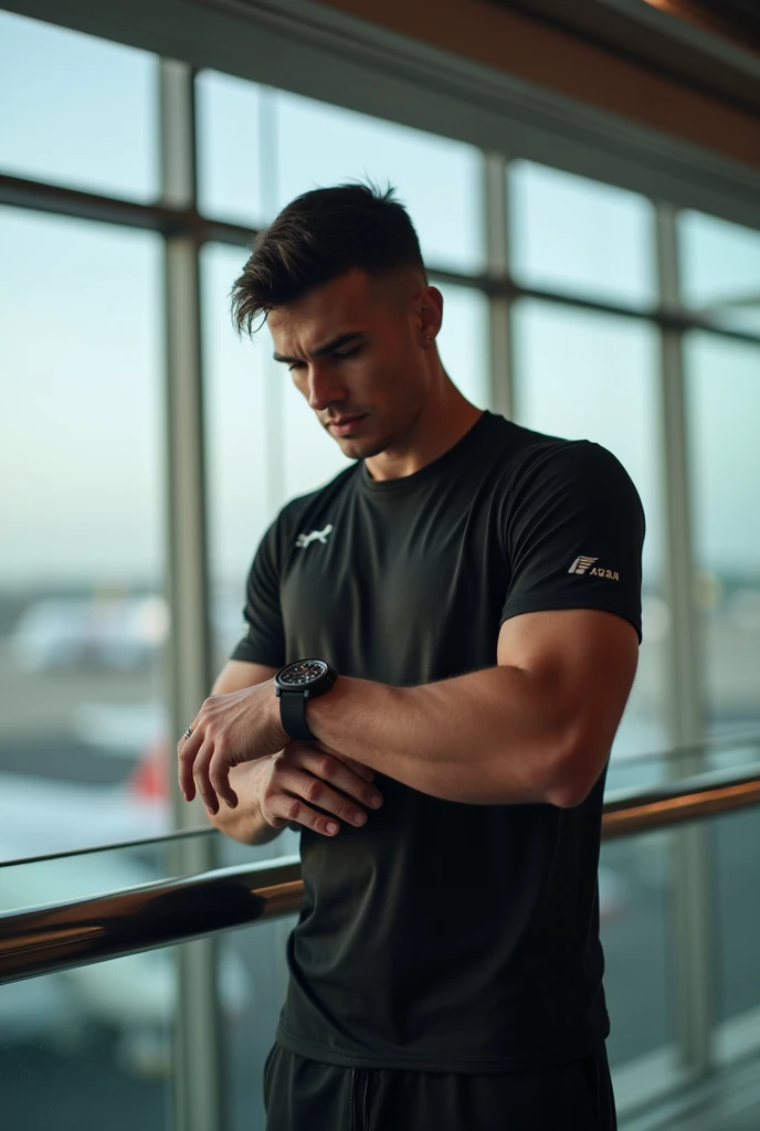 ATHLETE LOOKING AT THE TIME ON HIS WATCH AT AN AIRPORT