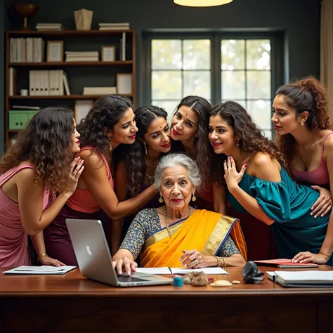 in luxerius office items sorrounded bright lighted modern indian office,An eldery 65 years old indian lady and four 35 years old young ladies,licking head scalps of each others,red lipsstick,realistic licking scalp with tongue,3c curly very long hair hair,...