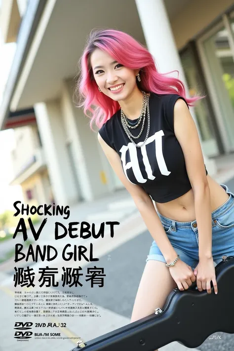 ((((Womans ridiculously large breasts change, slender curves, big , big breasts, big , super beautiful woman, whip-smacking body)))), adult video poster layout, text on screen: "BAND GIRL Shocking AV debut! ! ",(((Japanese woman with large black guitar cas...