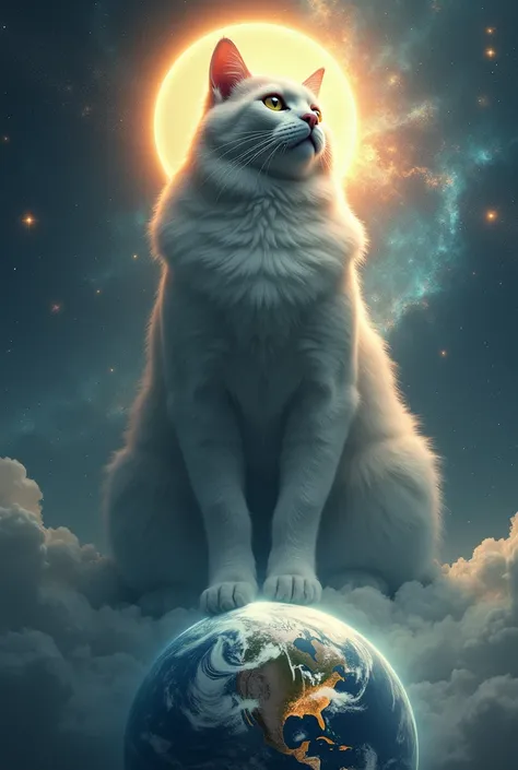 imagine um gato colossal, with a majestic posture and a serene expression, occupying the space above the Earth. The planet would be small compared to the size of the cat, who would have a divine aura along with a halo on his head, perhaps with a soft glow ...