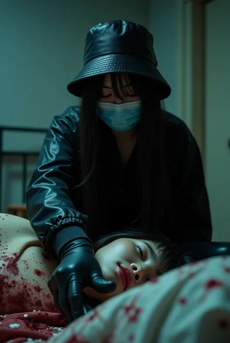 korean girl, (behind corpse, surgical mask), holding knife, stabbing, black gloves, room full of blood, black raincoat, bucket hat, holding knife, black gloves, behind corpse, blood splatter, long bangs, bed room, black wet suit, night, mass murderer, kill...