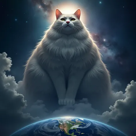 imagine um gato colossal, with a majestic posture and a serene expression, occupying the space above the Earth. The planet would be small compared to the size of the cat, who would have a divine aura along with a halo on his head, perhaps with a soft glow ...