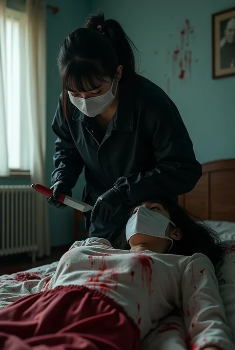 korean girl, (behind corpse, holding knife), surgical mask, black gloves, room full of blood, black raincoat, trucker hat, holding knife, black gloves, woman on top, behind corpse, blood splatter, on the bed, mass murderer, killer, pony tail, blood splatte...