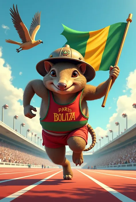 An animated armadillo athlete running in Paris 2024 with an old miner&#39;s helmet and his Bolivian flag (red horizontal, yellow and green)
A lead Andean puma chasing behind an Andean condor in the air 