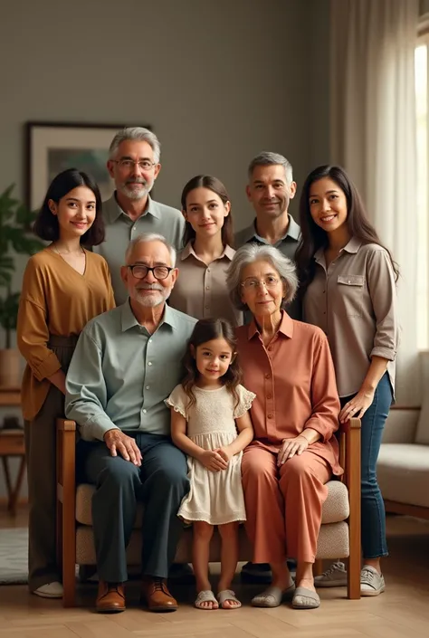 A family of 8 people. 2 not very old grandparents, They have 4 children. Two men and two women, of 40, 30, 25 and 19 years old. A 4 year old granddaughter