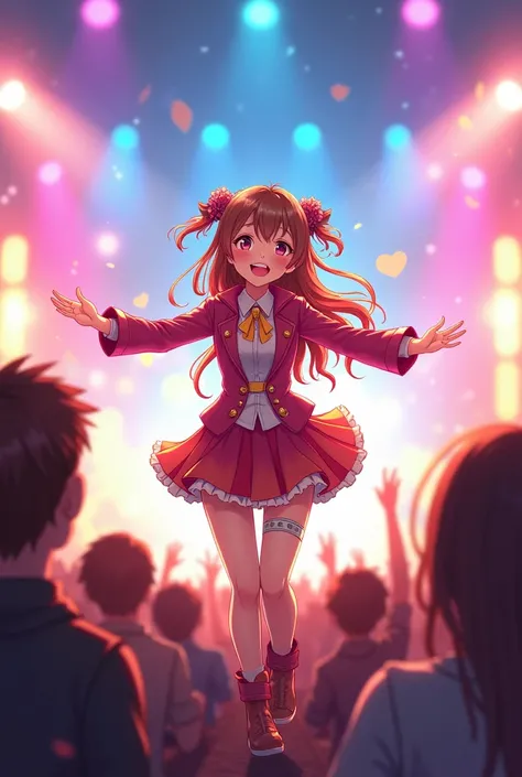 An idol with arms outstretched to the public More anime idol moderate and happy 