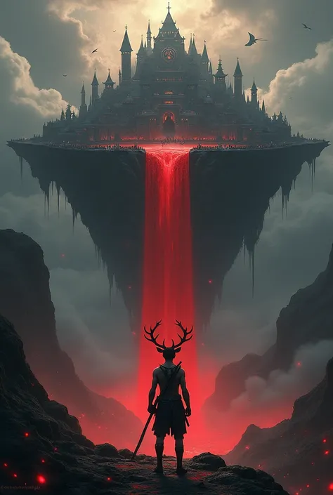 Black background with island in the sky with kingdom and a waterfall of blood and people below and boy with weapons and a deer skull 