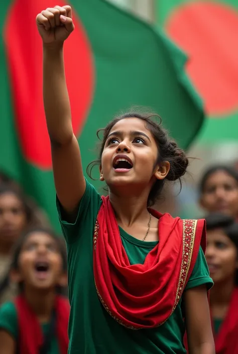 A Bangladeshi student agitator raises 8 point demands. Background will be red green.