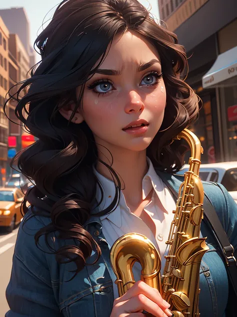 a young woman in her 20s walking down the street playing saxophone, highly detailed, ultra-realistic, 8K, photorealistic, dramatic lighting, cinematic composition, detailed facial features, beautiful detailed eyes, beautiful detailed lips, extremely detail...