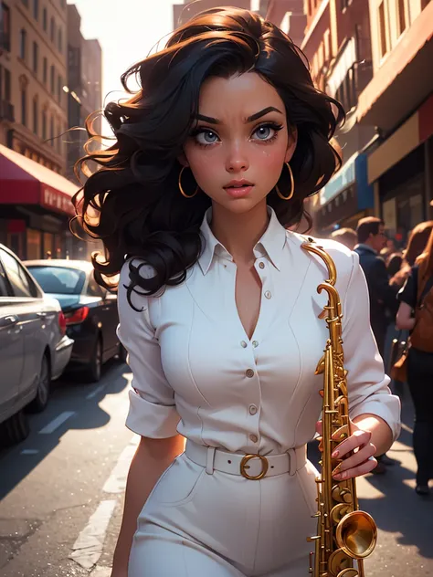 a young woman in her 20s walking down the street playing saxophone, highly detailed, ultra-realistic, 8K, photorealistic, dramatic lighting, cinematic composition, detailed facial features, beautiful detailed eyes, beautiful detailed lips, extremely detail...