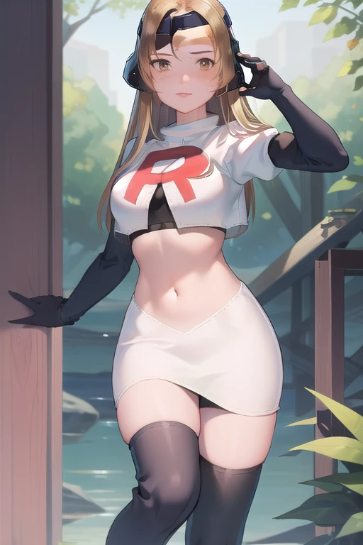 masterpiece, best quality, mathilda, brown eyes,helmet,  looking at viewer, team rocket,team rocket uniform,white skirt,red letter R,crop top,black thigh-highs,black elbow gloves