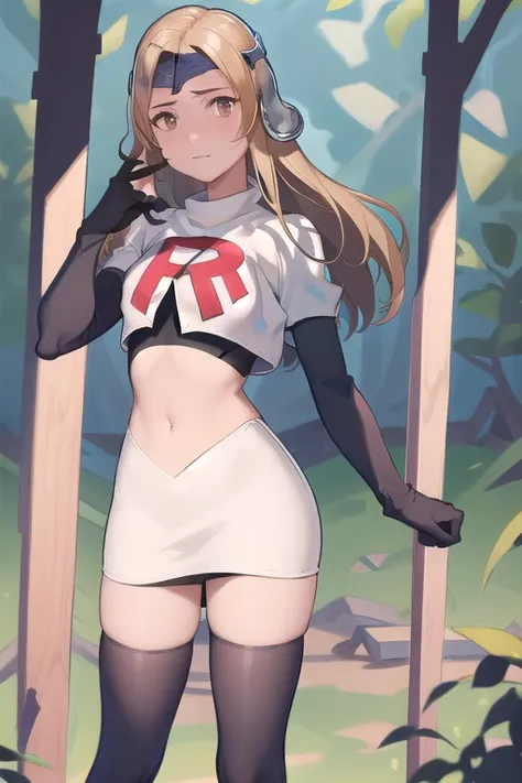 masterpiece, best quality, mathilda, brown eyes,helmet,  looking at viewer, team rocket,team rocket uniform,white skirt,red letter R,crop top,black thigh-highs,black elbow gloves