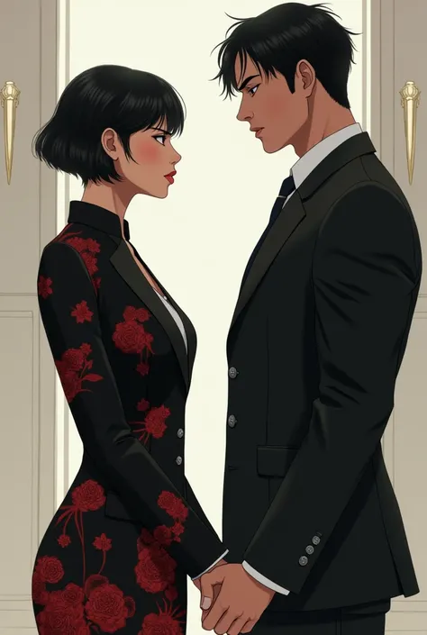 Create an image of a woman facing a man. The woman has Asian features and is well-groomed., wearing a black suit dress with red designs, like dragons and roses. She has short black hair and a dark look in her eyes.. The man is in a black suit. He&#39;s tal...