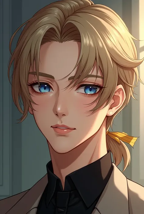 foreground, handsome man, darker blonde hair that was parted in the middle, Her bangs hung loosely over her forehead and her slightly longer hair was tied with a gold ribbon into a side ponytail., blue eyes
