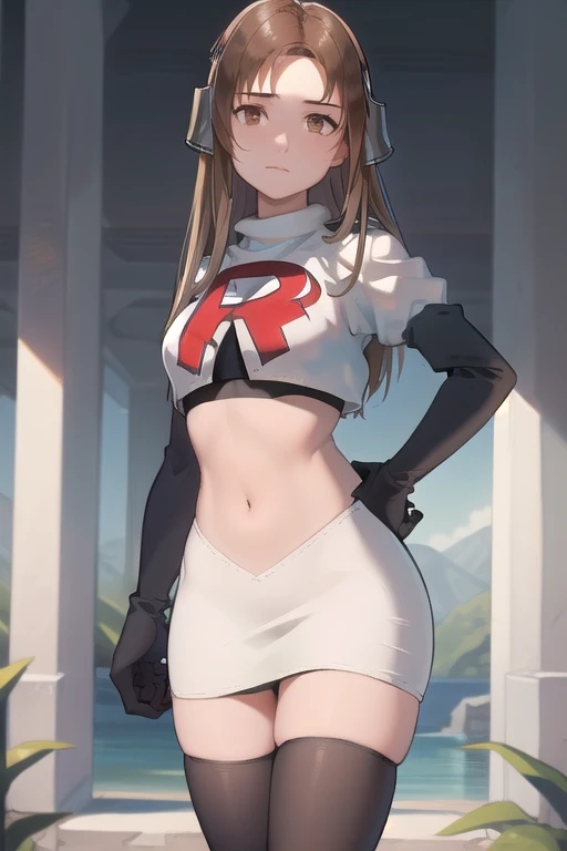 masterpiece, best quality, mathilda, brown eyes,helmet,  looking at viewer, team rocket,team rocket uniform,white skirt,red letter R,crop top,black thigh-highs,black elbow gloves