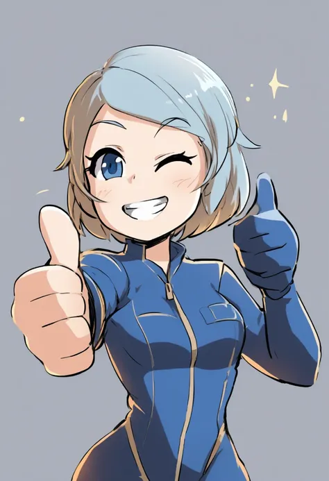 female vault boy from fallout video game franchise, smiling, winking, giving a thumbs up, wearing a blue jumpsuit.