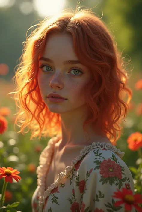 young Maya Hawke, freckles, (extremely detailed CG unity 8k wallpaper, Masterpiece, Best Quality, Ultra-detailed), (better lighting, better shadow, extreamly delicate and beautiful), Flower Garden, Lush greenery, Sun light, flowing through, Depth of field,...