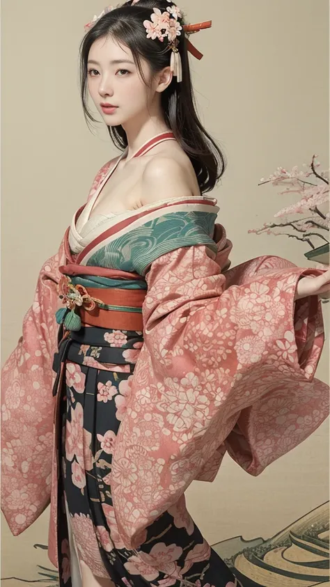 (background：Cherry blossoms on the mountain are covered with mist)((Ukiyo-e))japanese art,or period,tokyo art, lily,Natural landscape.(masseter membrane、top quality、Ukiyo-e style、mystery、Exquisite and beautiful、official art、Sharaku:1.2)、(1 japanese girl in...