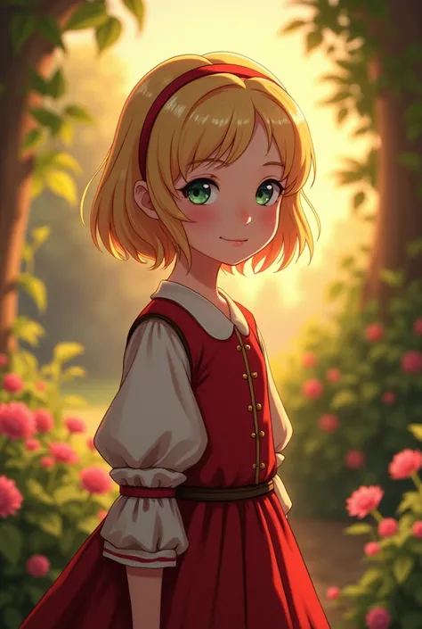 Young girl, 10 years old, looking at the camera with a slight smile. He hair is blond, short to her shoulders and she is wearing a red and white dress from medieval times. The background is a beautiful garden at sunset with the sun setting. Setting: Mediev...