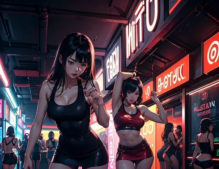 (1girl,2girls,beautiful asian women,hot asian women,women in mini dresses,women in tank tops,sensual dance,dancing,club scene,bold typography,slay,typography poster,high quality,extremely detailed,cinematic lighting,hyper realistic,photorealistic,8k,master...