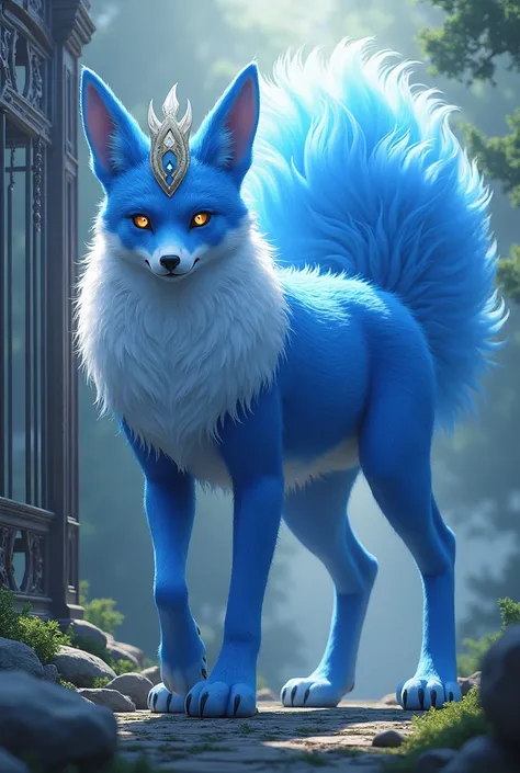 A giant blue fox kitsune with a cage, and 5 tails ((anime version)) ((Very Detail)) ((realisitic))