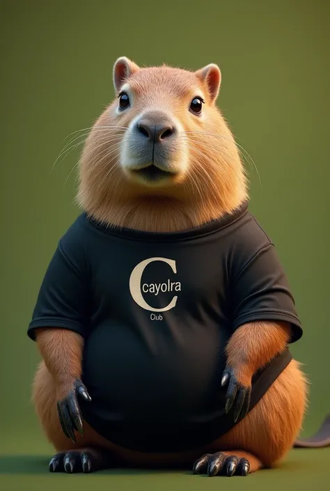 "Image of a friendly and relaxed capybara, posing comfortably on a natural green background. The capybara is wearing a tight black t-shirt that highlights its rounded and soft figure.. The shirt has a minimalist and modern design, with a simple and elegant...