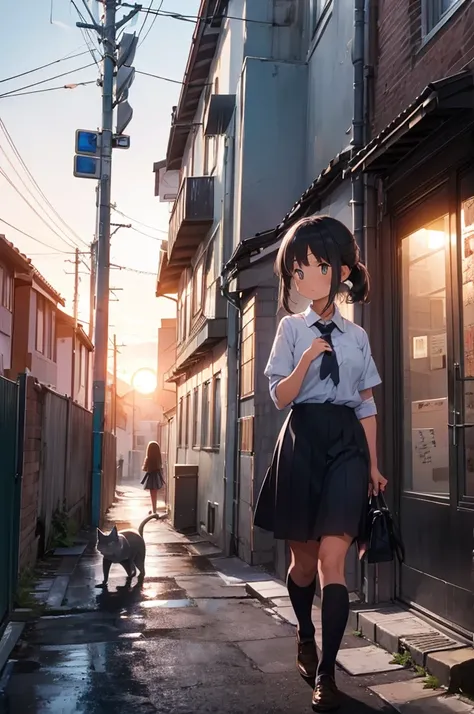 one girl in school uniform picking up a grey cat from the ground, alleyway, sunset